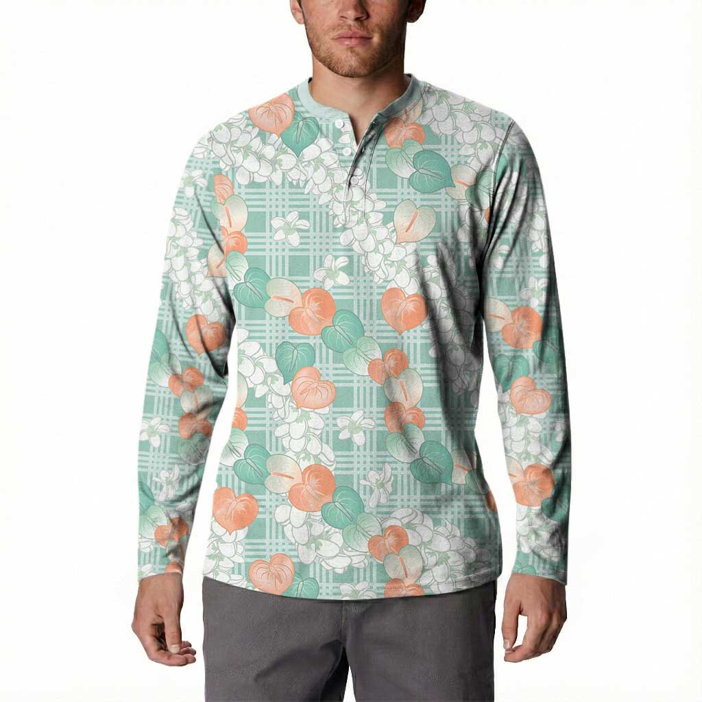 Anthurium Plumeria Lei Pastel Button Sweatshirt Teal Hawaiian Splendid Palaka