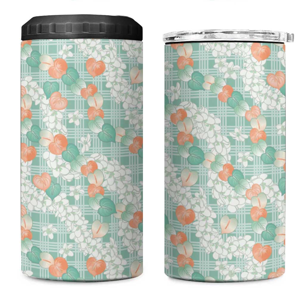 Anthurium Plumeria Lei Pastel 4 in 1 Can Cooler Tumbler Teal Hawaiian Splendid Palaka