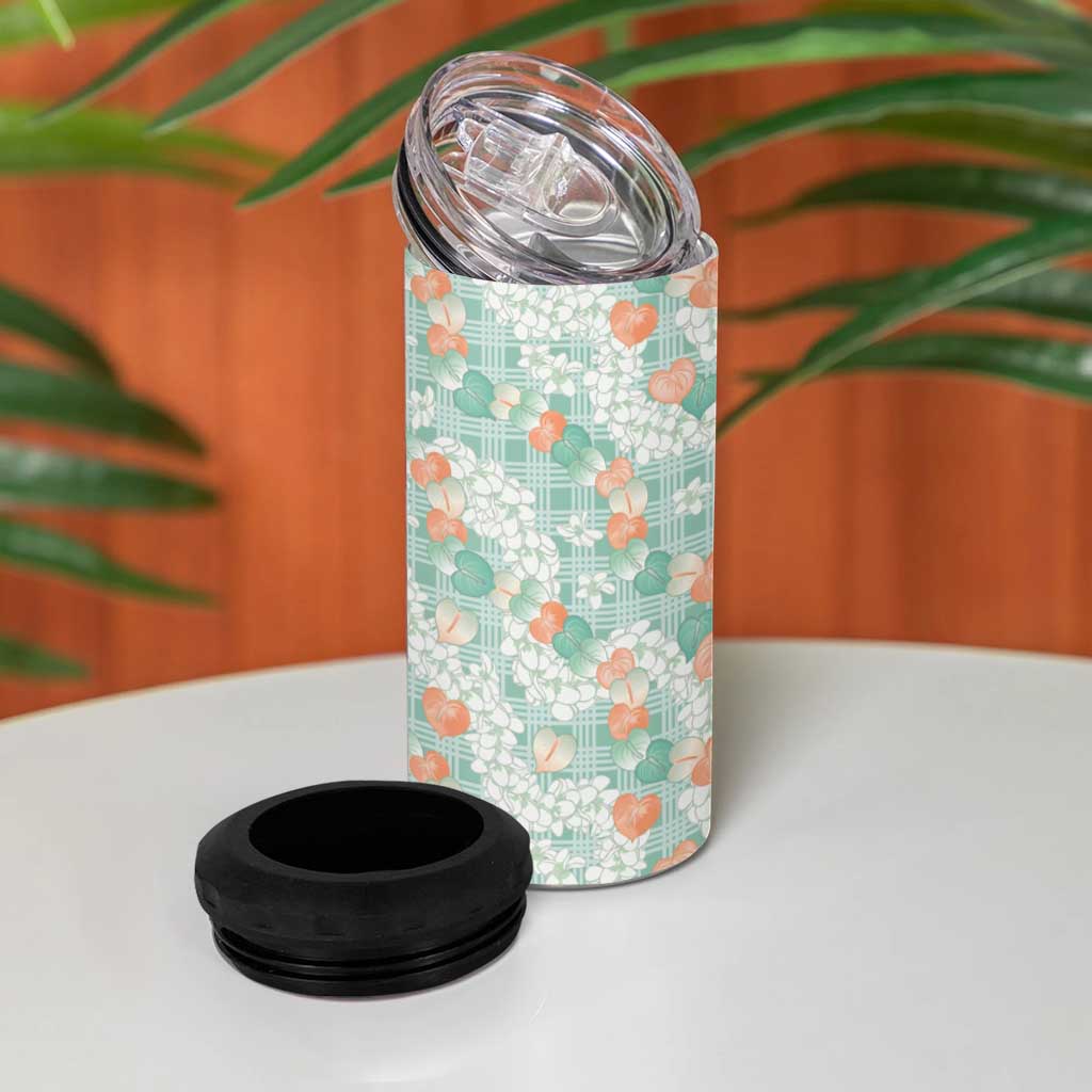 Anthurium Plumeria Lei Pastel 4 in 1 Can Cooler Tumbler Teal Hawaiian Splendid Palaka