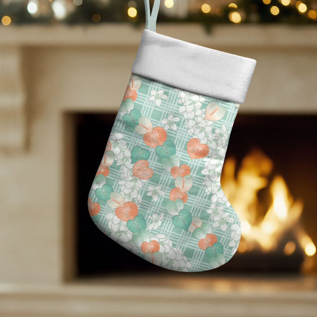Anthurium Plumeria Lei Pastel Christmas Stocking Teal Hawaiian Splendid Palaka LT01 Set of 2 Teal - Polynesian Pride