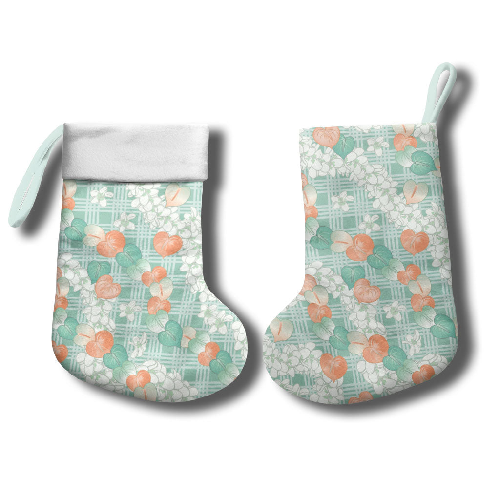 Anthurium Plumeria Lei Pastel Christmas Stocking Teal Hawaiian Splendid Palaka LT01 - Polynesian Pride