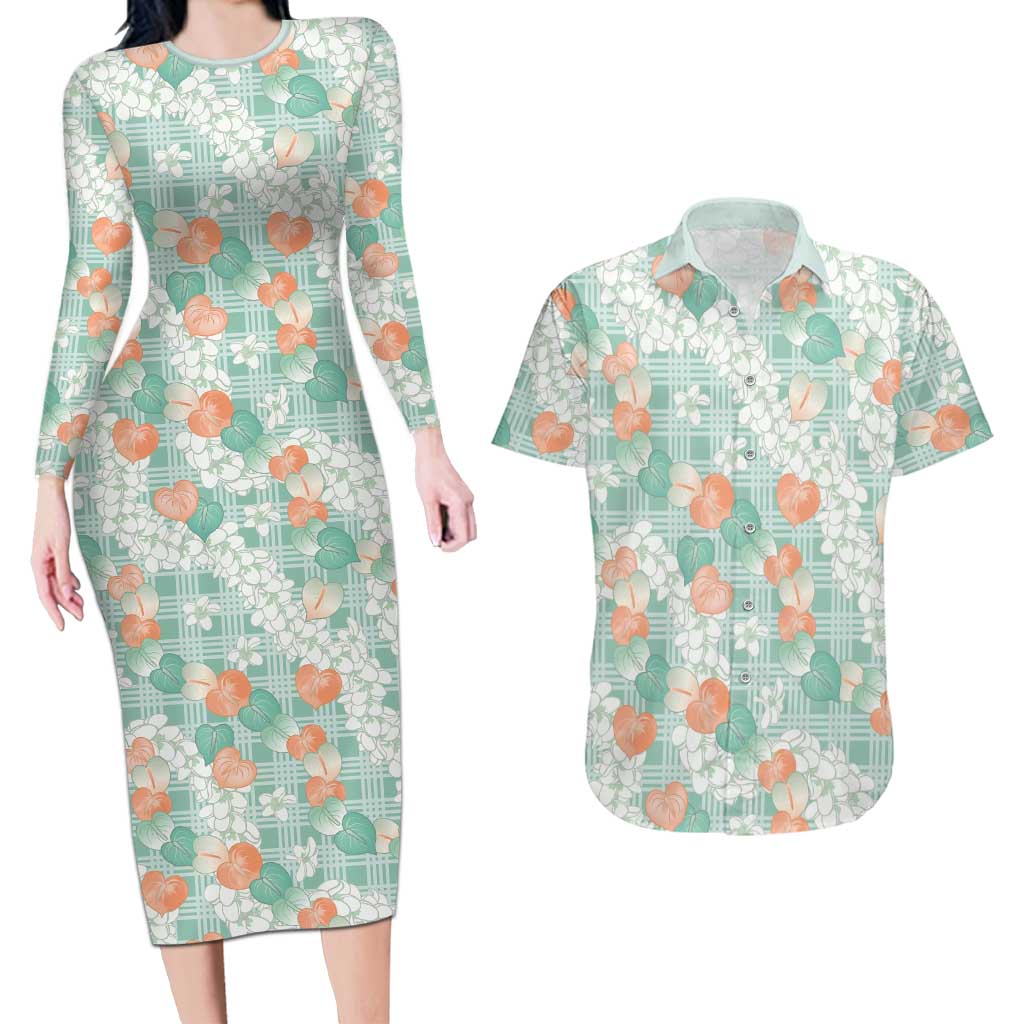 Anthurium Plumeria Lei Pastel Couples Matching Long Sleeve Bodycon Dress and Hawaiian Shirt Teal Hawaiian Splendid Palaka