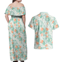Anthurium Plumeria Lei Pastel Couples Matching Off Shoulder Maxi Dress and Hawaiian Shirt Teal Hawaiian Splendid Palaka