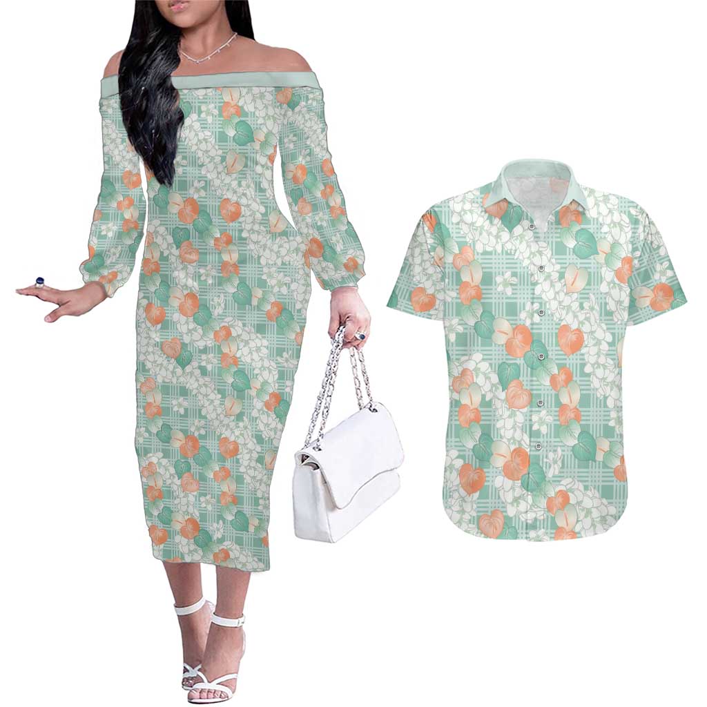 Anthurium Plumeria Lei Pastel Couples Matching Off The Shoulder Long Sleeve Dress and Hawaiian Shirt Teal Hawaiian Splendid Palaka