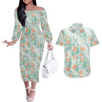 Anthurium Plumeria Lei Pastel Couples Matching Off The Shoulder Long Sleeve Dress and Hawaiian Shirt Teal Hawaiian Splendid Palaka LT01 Teal - Polynesian Pride