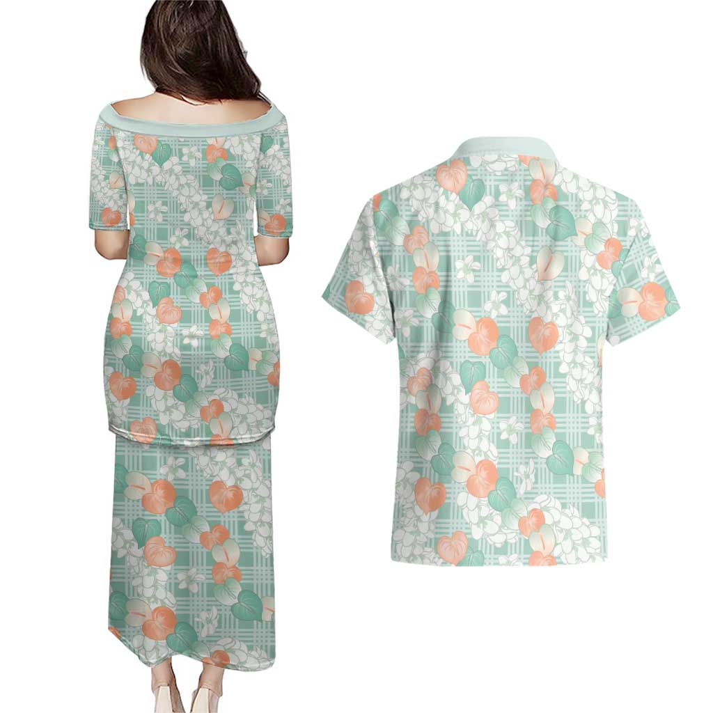 Anthurium Plumeria Lei Pastel Couples Matching Puletasi and Hawaiian Shirt Teal Hawaiian Splendid Palaka
