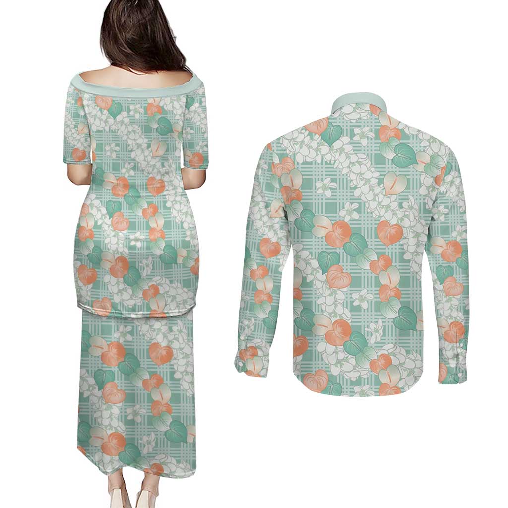 Anthurium Plumeria Lei Pastel Couples Matching Puletasi and Long Sleeve Button Shirt Teal Hawaiian Splendid Palaka