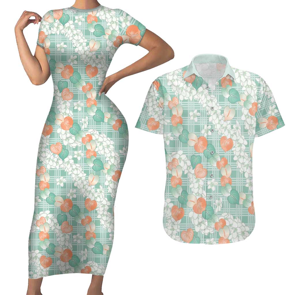 Anthurium Plumeria Lei Pastel Couples Matching Short Sleeve Bodycon Dress and Hawaiian Shirt Teal Hawaiian Splendid Palaka LT01 Teal - Polynesian Pride