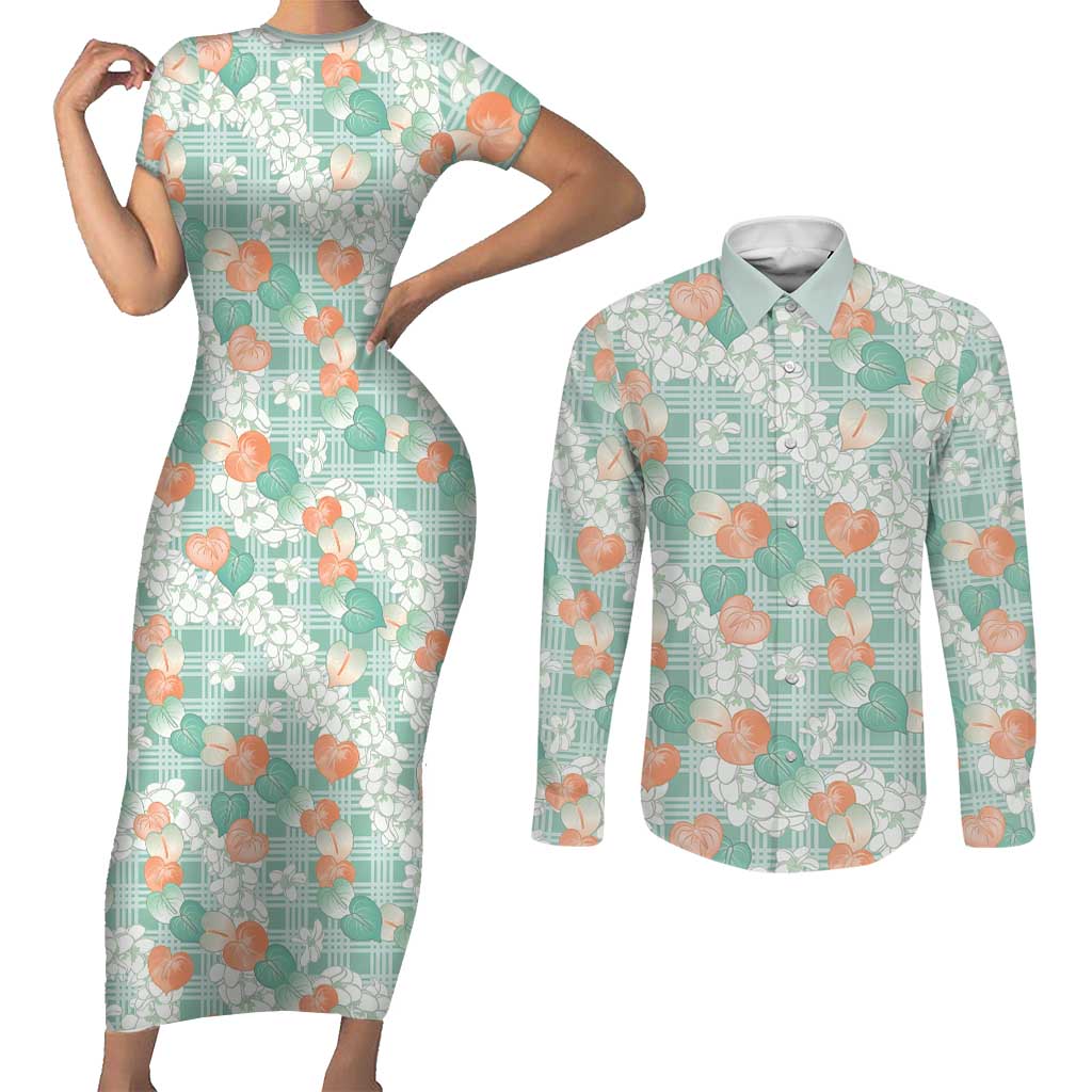 Anthurium Plumeria Lei Pastel Couples Matching Short Sleeve Bodycon Dress and Long Sleeve Button Shirt Teal Hawaiian Splendid Palaka