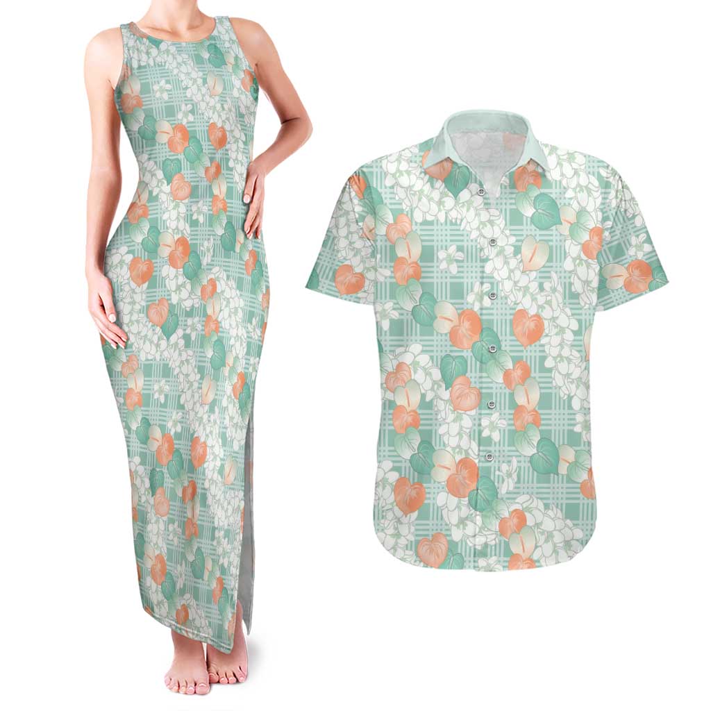 Anthurium Plumeria Lei Pastel Couples Matching Tank Maxi Dress and Hawaiian Shirt Teal Hawaiian Splendid Palaka LT01 Teal - Polynesian Pride