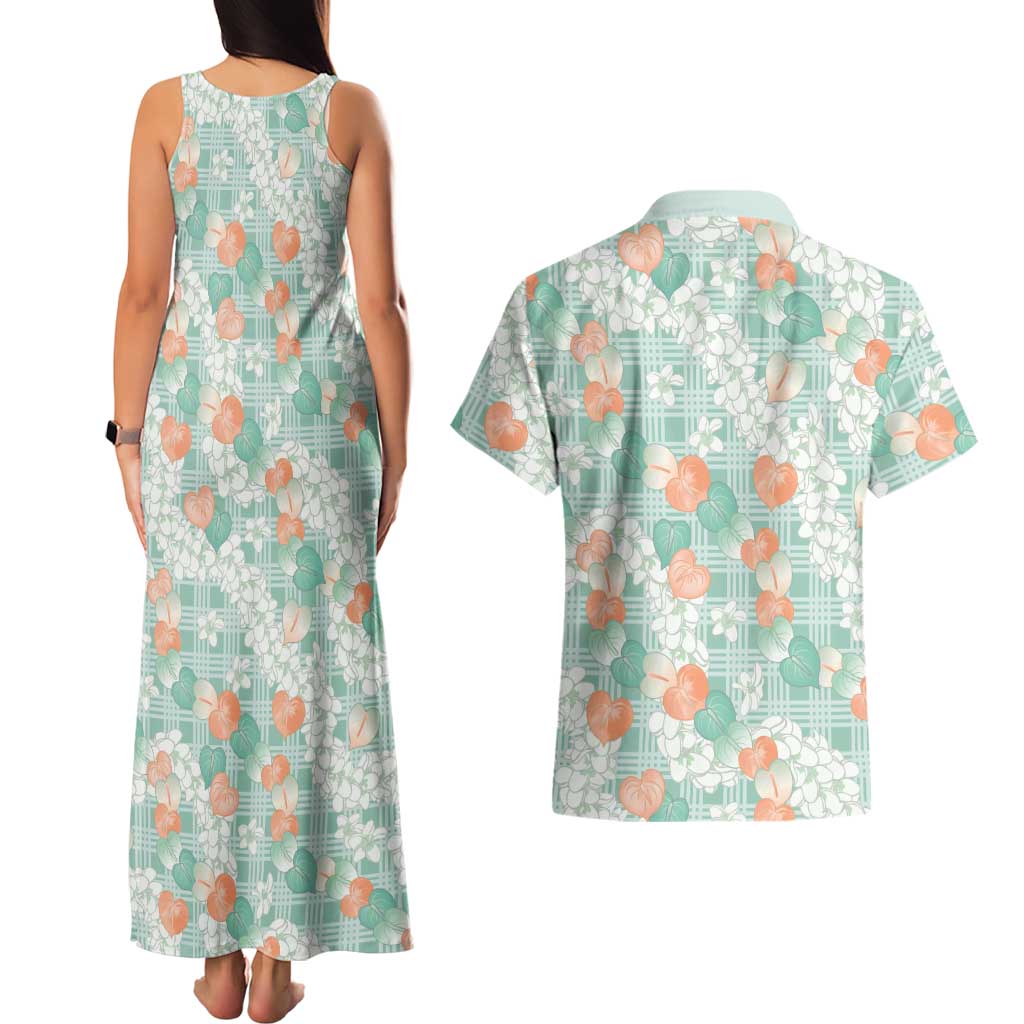 Anthurium Plumeria Lei Pastel Couples Matching Tank Maxi Dress and Hawaiian Shirt Teal Hawaiian Splendid Palaka LT01 - Polynesian Pride