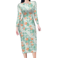 Anthurium Plumeria Lei Pastel Family Matching Long Sleeve Bodycon Dress and Hawaiian Shirt Teal Hawaiian Splendid Palaka LT01 Mom's Dress Teal - Polynesian Pride