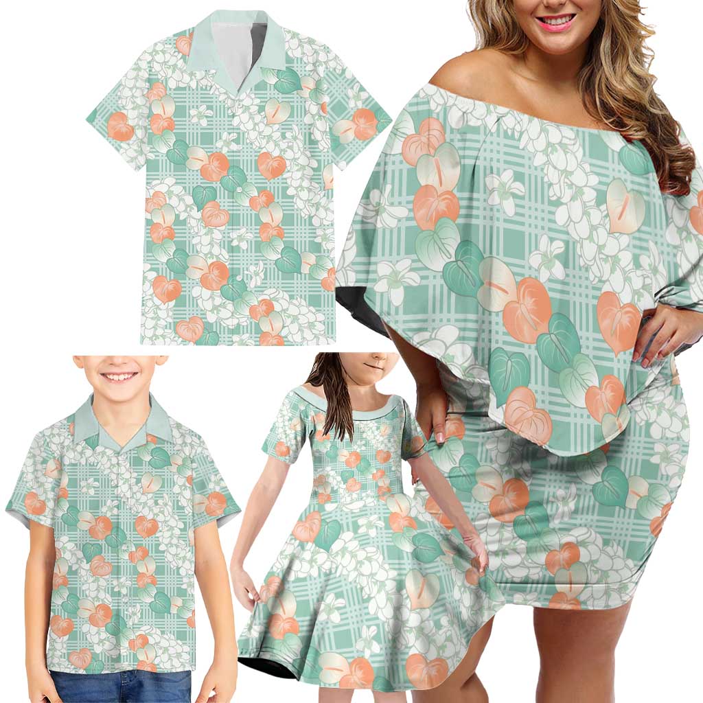 Anthurium Plumeria Lei Pastel Family Matching Off Shoulder Short Dress and Hawaiian Shirt Teal Hawaiian Splendid Palaka LT01 - Polynesian Pride