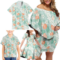 Anthurium Plumeria Lei Pastel Family Matching Off Shoulder Short Dress and Hawaiian Shirt Teal Hawaiian Splendid Palaka LT01 - Polynesian Pride