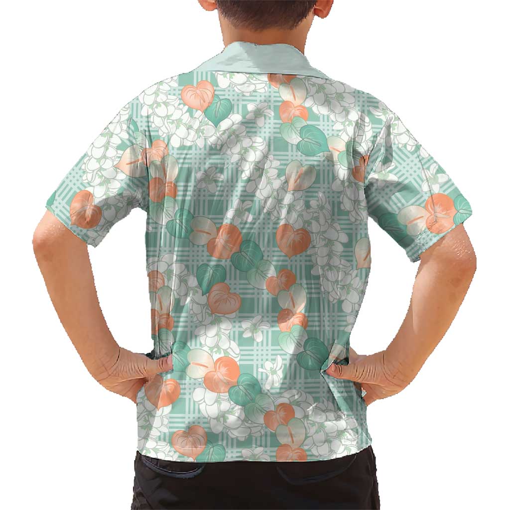 Anthurium Plumeria Lei Pastel Family Matching Puletasi and Hawaiian Shirt Teal Hawaiian Splendid Palaka LT01 - Polynesian Pride