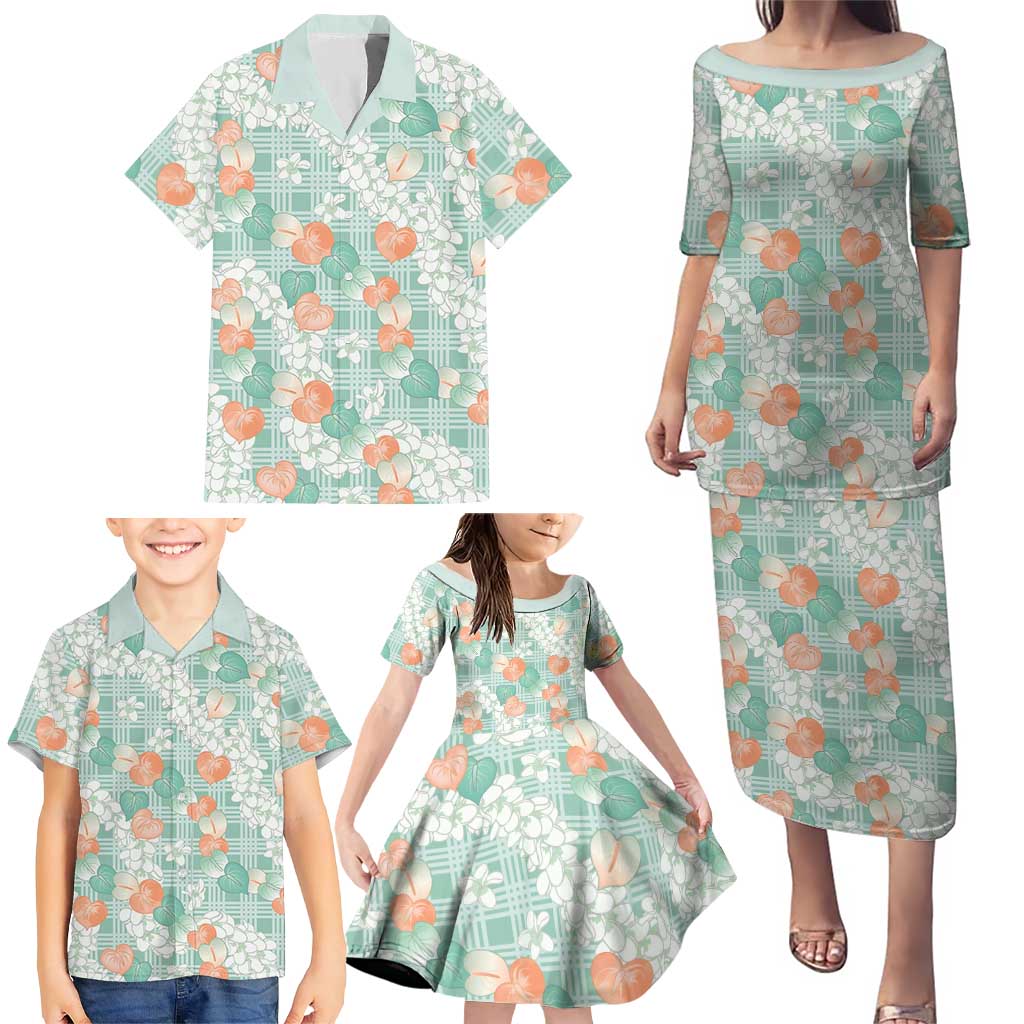 Anthurium Plumeria Lei Pastel Family Matching Puletasi and Hawaiian Shirt Teal Hawaiian Splendid Palaka LT01 - Polynesian Pride