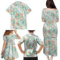 Anthurium Plumeria Lei Pastel Family Matching Puletasi and Hawaiian Shirt Teal Hawaiian Splendid Palaka LT01 - Polynesian Pride