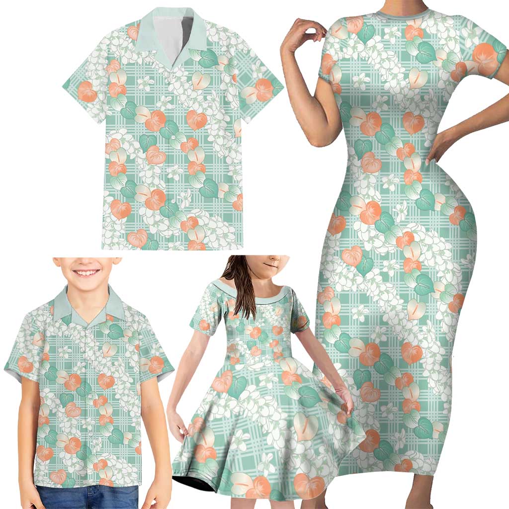Anthurium Plumeria Lei Pastel Family Matching Short Sleeve Bodycon Dress and Hawaiian Shirt Teal Hawaiian Splendid Palaka LT01 - Polynesian Pride