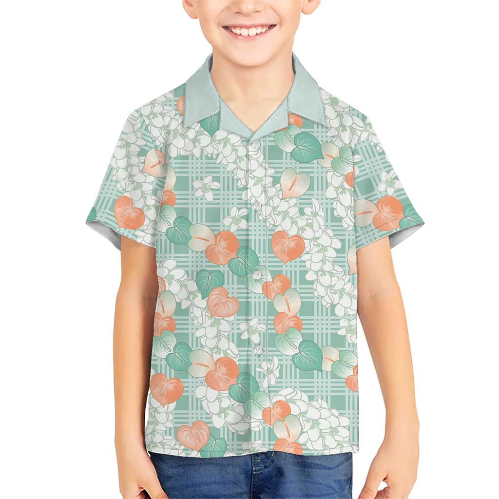 Anthurium Plumeria Lei Pastel Family Matching Summer Maxi Dress and Hawaiian Shirt Teal Hawaiian Splendid Palaka LT01 Son's Shirt Teal - Polynesian Pride
