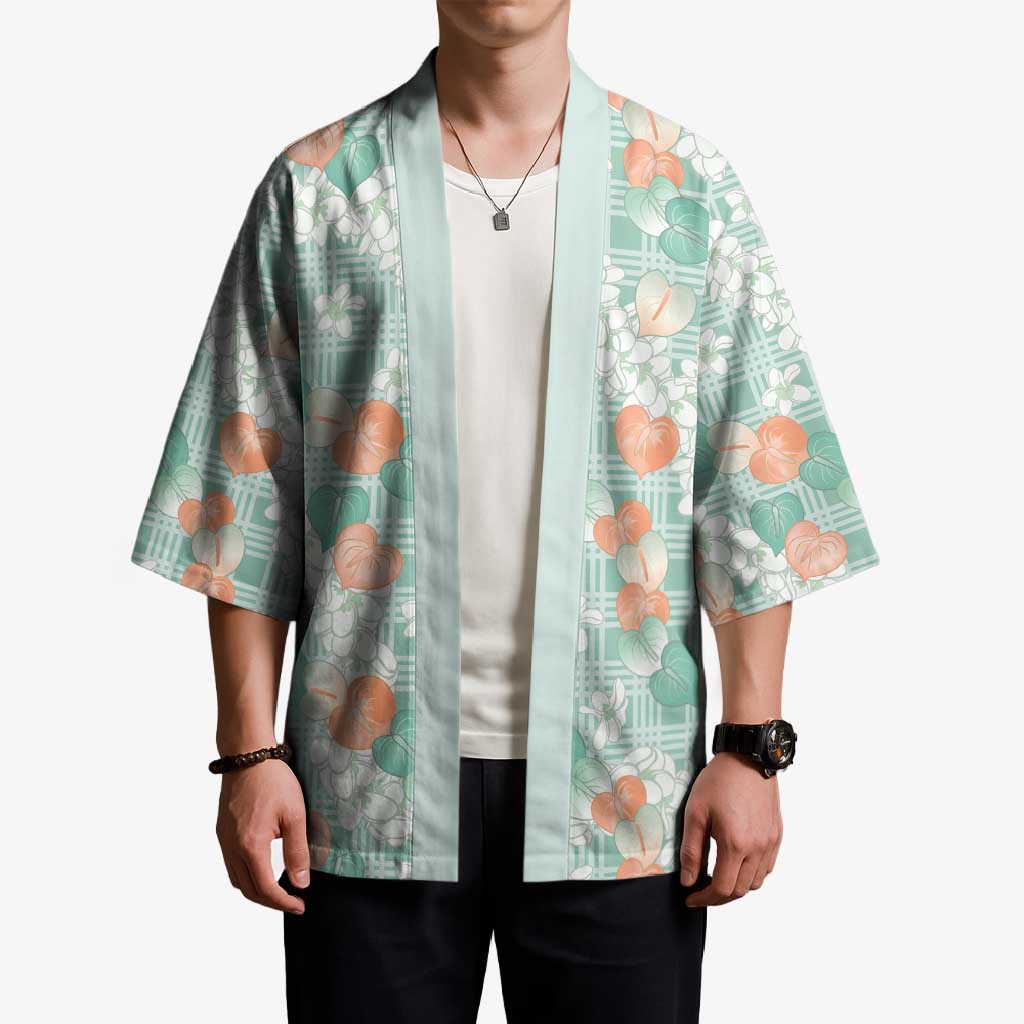 Anthurium Plumeria Lei Pastel Kimono Teal Hawaiian Splendid Palaka