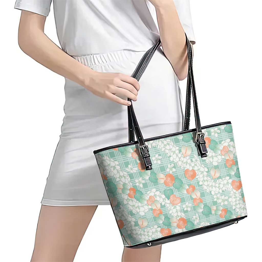 Anthurium Plumeria Lei Pastel Leather Tote Bag Teal Hawaiian Splendid Palaka