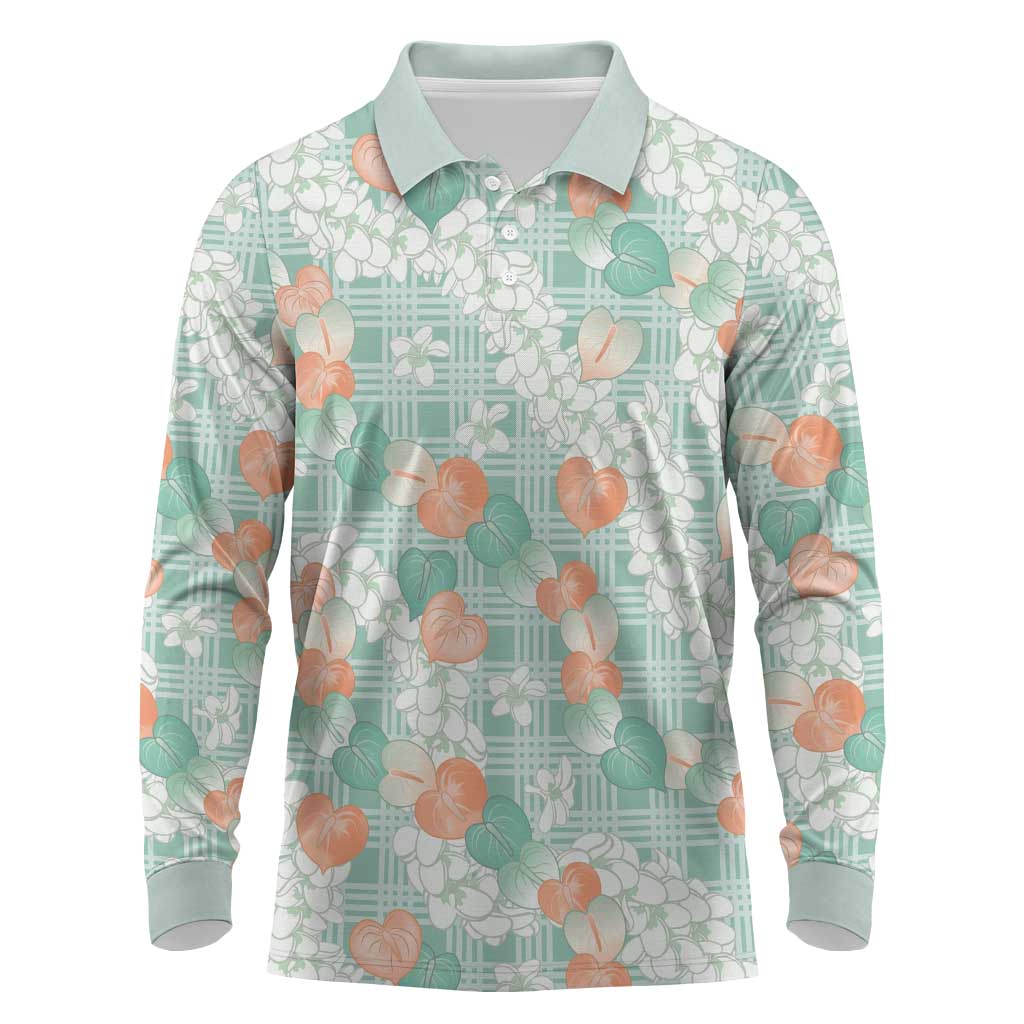 Anthurium Plumeria Lei Pastel Long Sleeve Polo Shirt Teal Hawaiian Splendid Palaka