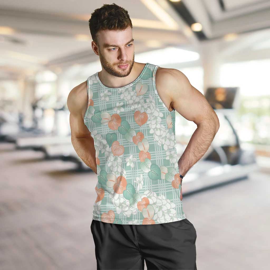 Anthurium Plumeria Lei Pastel Men Tank Top Teal Hawaiian Splendid Palaka