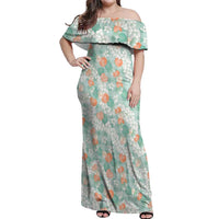 Anthurium Plumeria Lei Pastel Off Shoulder Maxi Dress Teal Hawaiian Splendid Palaka