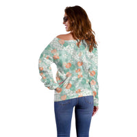Anthurium Plumeria Lei Pastel Off Shoulder Sweater Teal Hawaiian Splendid Palaka