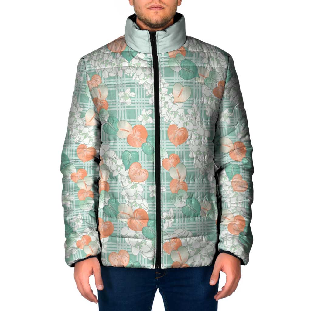 Anthurium Plumeria Lei Pastel Padded Jacket Teal Hawaiian Splendid Palaka