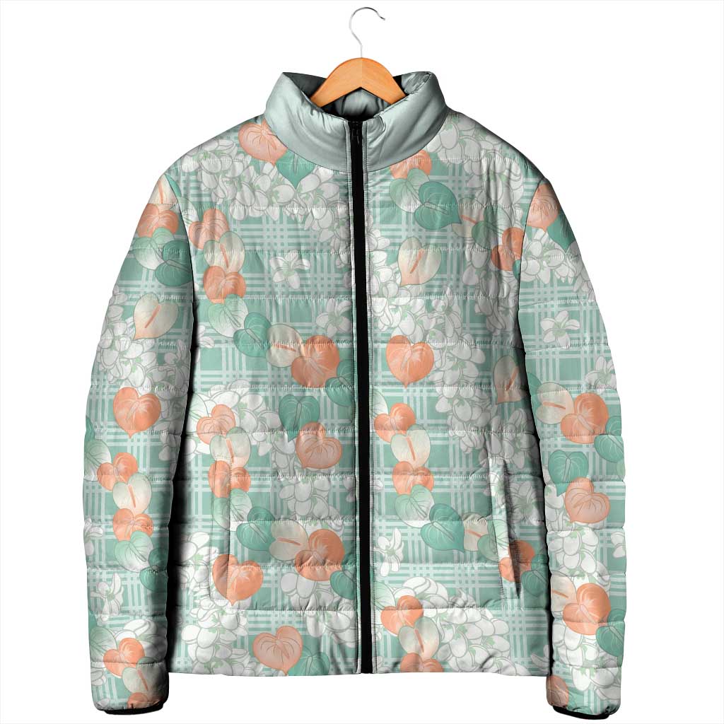 Anthurium Plumeria Lei Pastel Padded Jacket Teal Hawaiian Splendid Palaka