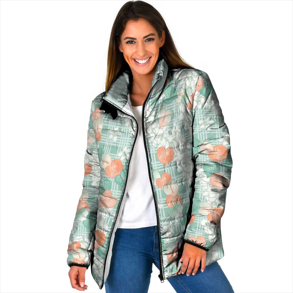 Anthurium Plumeria Lei Pastel Padded Jacket Teal Hawaiian Splendid Palaka