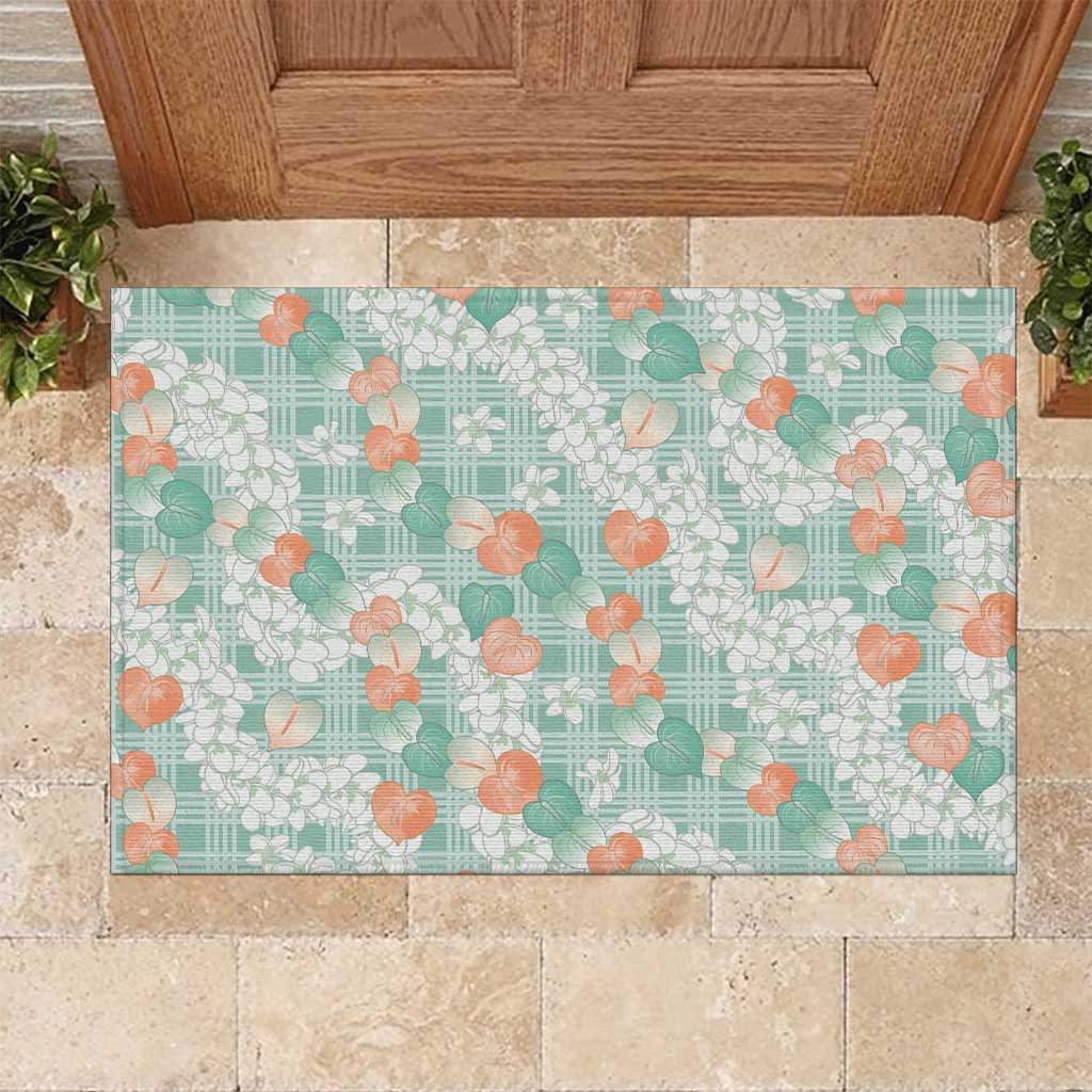 Anthurium Plumeria Lei Pastel Rubber Doormat Teal Hawaiian Splendid Palaka