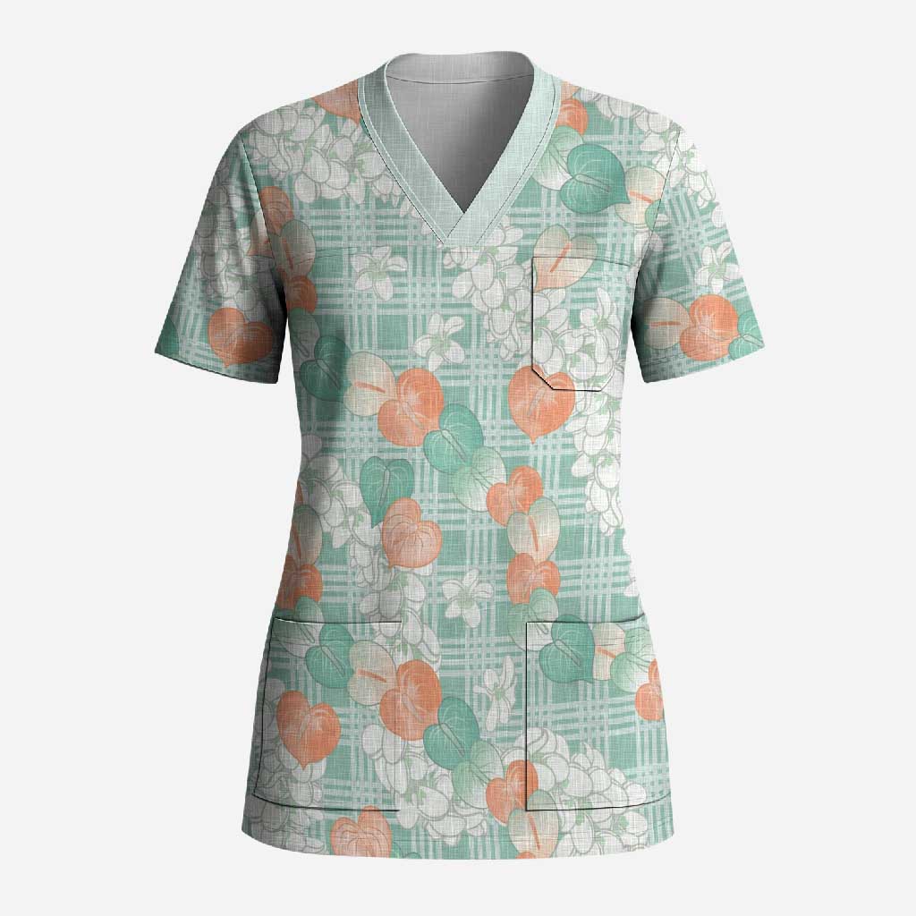 Anthurium Plumeria Lei Pastel Scrub Top Teal Hawaiian Splendid Palaka