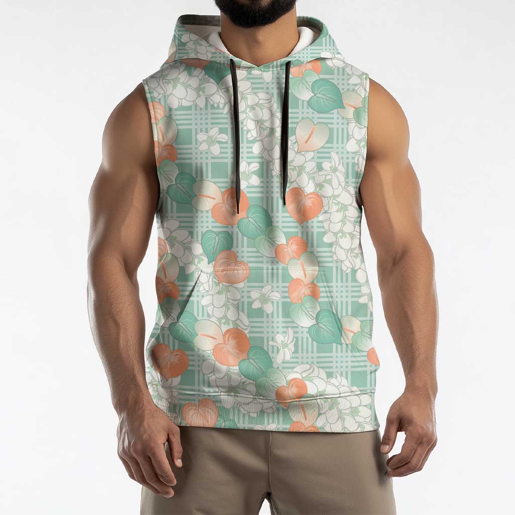 Anthurium Plumeria Lei Pastel Sleeveless Hoodie Teal Hawaiian Splendid Palaka