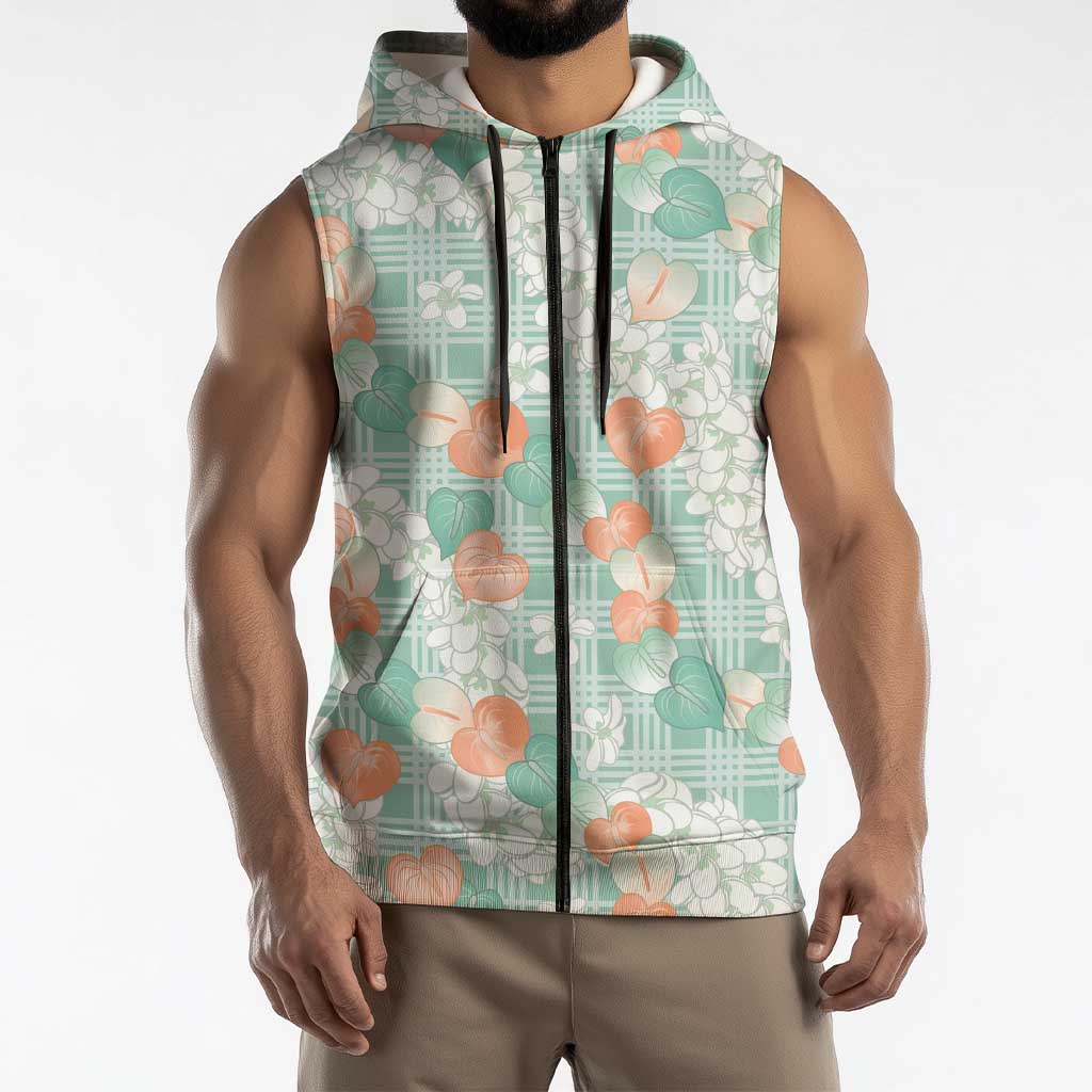 Anthurium Plumeria Lei Pastel Sleeveless Zip Hoodie Teal Hawaiian Splendid Palaka