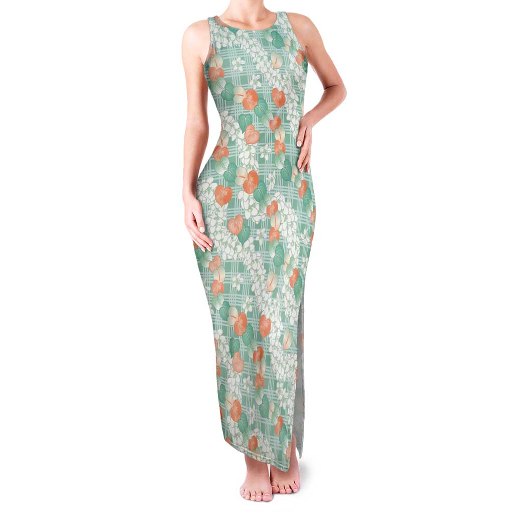 Anthurium Plumeria Lei Pastel Tank Maxi Dress Teal Hawaiian Splendid Palaka