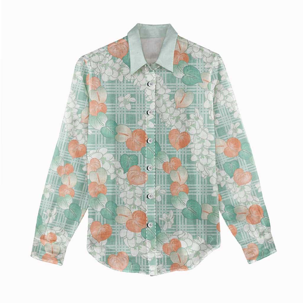 Anthurium Plumeria Lei Pastel Women Casual Shirt Teal Hawaiian Splendid Palaka