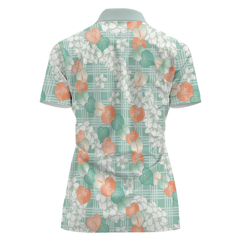 Anthurium Plumeria Lei Pastel Women Polo Shirt Teal Hawaiian Splendid Palaka