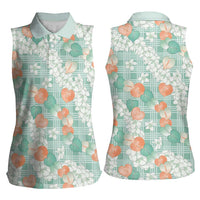 Anthurium Plumeria Lei Pastel Women Sleeveless Polo Shirt Teal Hawaiian Splendid Palaka
