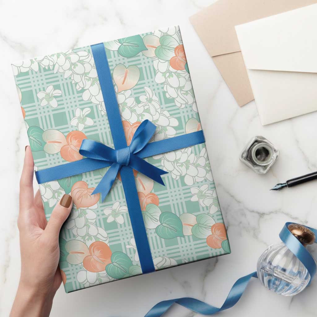Anthurium Plumeria Lei Pastel Wrapping Paper Teal Hawaiian Splendid Palaka