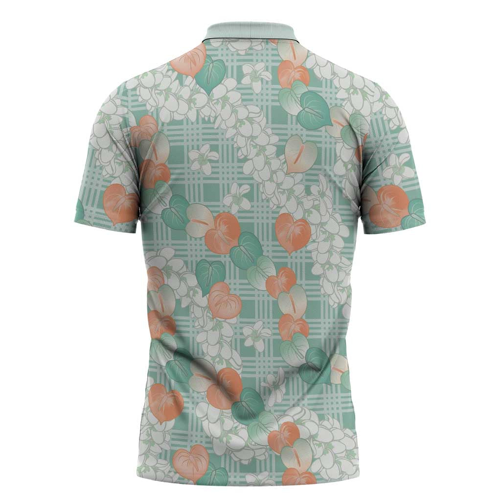 Anthurium Plumeria Lei Pastel Zipper Polo Shirt Teal Hawaiian Splendid Palaka