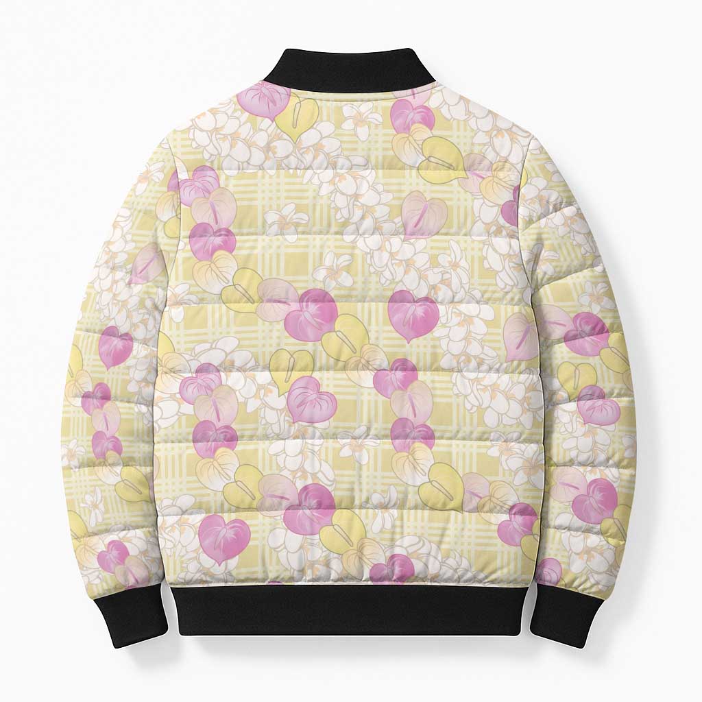 Anthurium Plumeria Lei Pastel Bomber Puffer Jacket Yellow Hawaiian Splendid Palaka