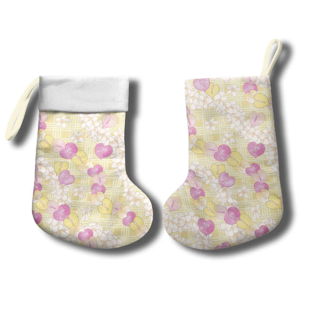 Anthurium Plumeria Lei Pastel Christmas Stocking Yellow Hawaiian Splendid Palaka LT01 - Polynesian Pride