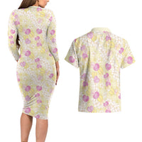 Anthurium Plumeria Lei Pastel Couples Matching Long Sleeve Bodycon Dress and Hawaiian Shirt Yellow Hawaiian Splendid Palaka LT01 - Polynesian Pride