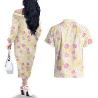 Anthurium Plumeria Lei Pastel Couples Matching Off The Shoulder Long Sleeve Dress and Hawaiian Shirt Yellow Hawaiian Splendid Palaka LT01 - Polynesian Pride