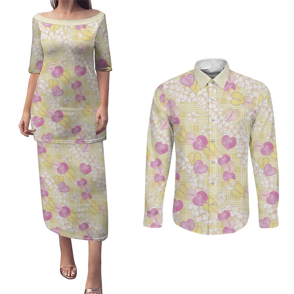 Anthurium Plumeria Lei Pastel Couples Matching Puletasi and Long Sleeve Button Shirt Yellow Hawaiian Splendid Palaka