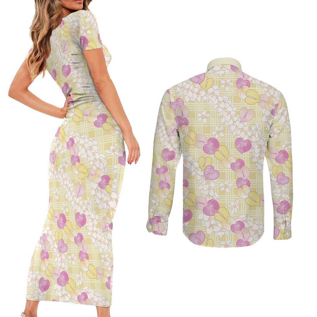 Anthurium Plumeria Lei Pastel Couples Matching Short Sleeve Bodycon Dress and Long Sleeve Button Shirt Yellow Hawaiian Splendid Palaka