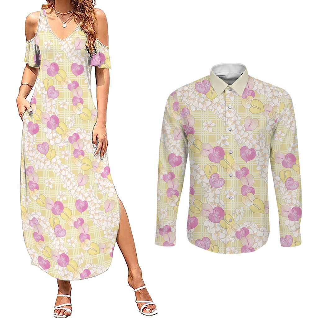 Anthurium Plumeria Lei Pastel Couples Matching Summer Maxi Dress and Long Sleeve Button Shirt Yellow Hawaiian Splendid Palaka