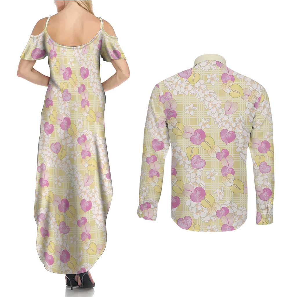 Anthurium Plumeria Lei Pastel Couples Matching Summer Maxi Dress and Long Sleeve Button Shirt Yellow Hawaiian Splendid Palaka